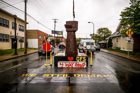 A memorial stands at what is now known as George Perry Floyd Square on May 25, 2022, in Minneapolis. (Stephen Maturen/Getty Images)